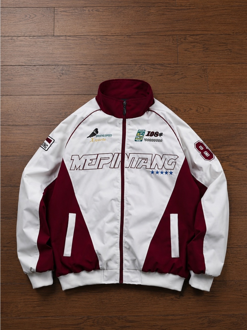 Men's White & Burgundy Racing-Style Track Jacket